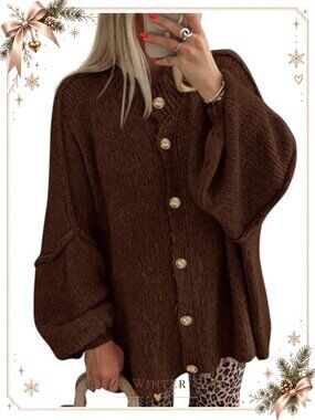 Oversized Cable Knit Button Down Lantern Sleeve Cardigan Sweater